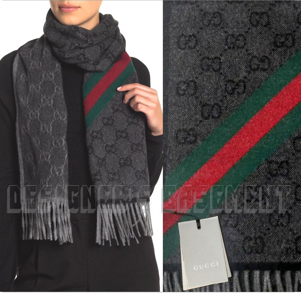 GUCCI charcoal/black GG green/red WEB detail NIKKY Angora blend fringe scarf +🎁